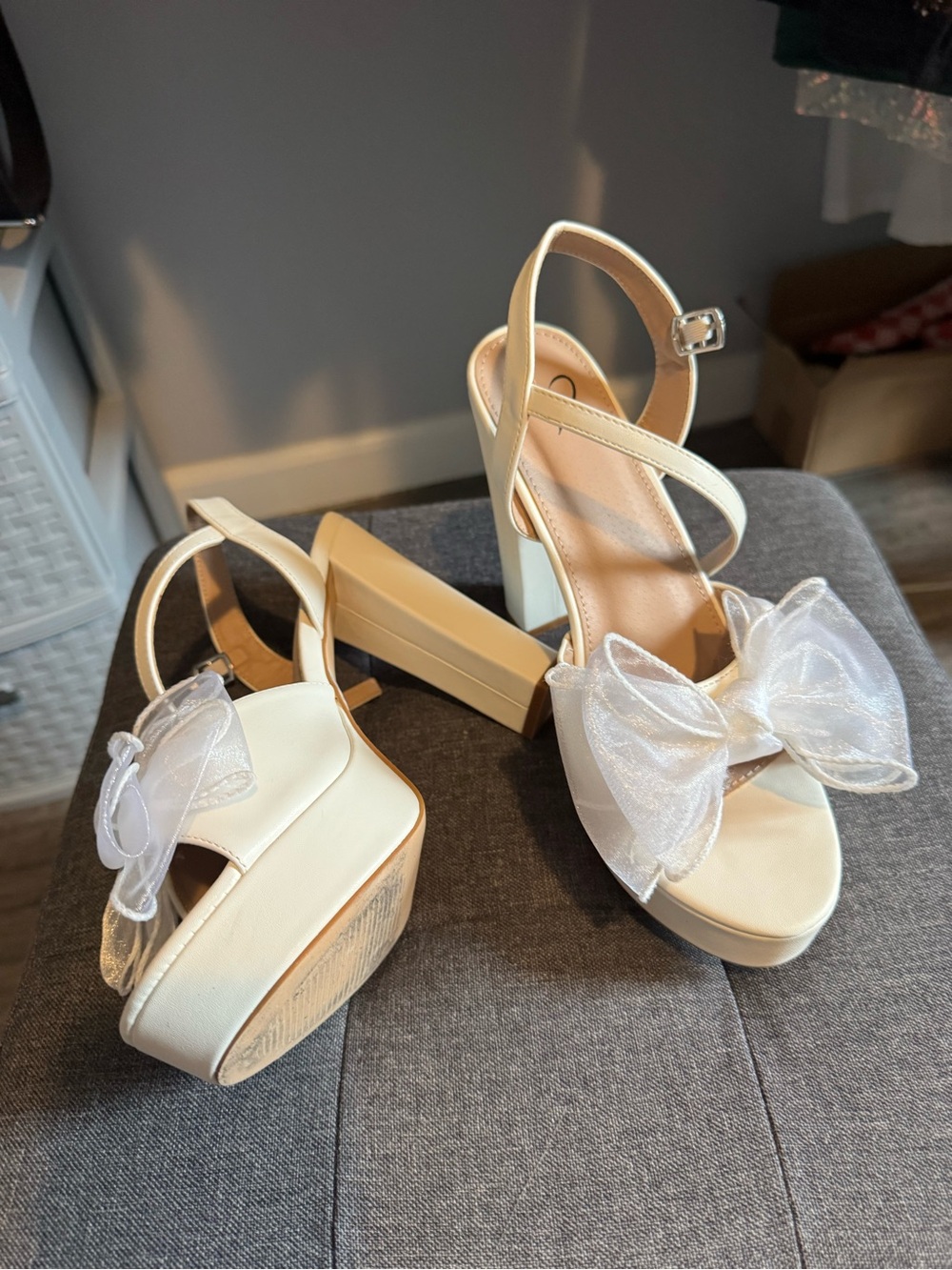 Ivory Platform Block Heel Sandals with Bow